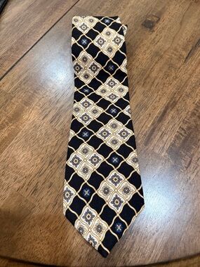 vtg 90s Oscar DeLaRenta Silk Tie Art Black Gold  MobBoss Necktie 4x59 Medallion